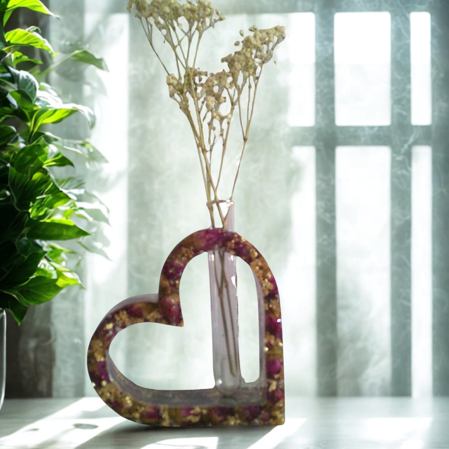 Heart Vase with Dried Burgundy Rosebuds