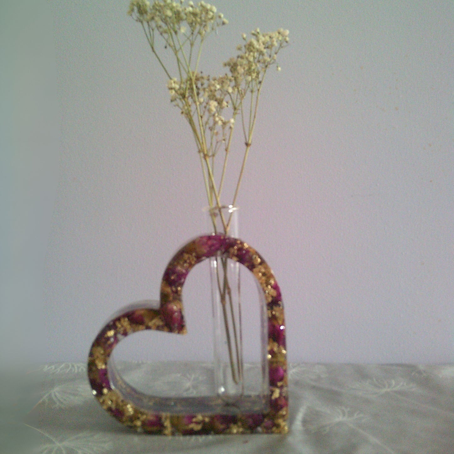 Heart Vase with Dried Burgundy Rosebuds
