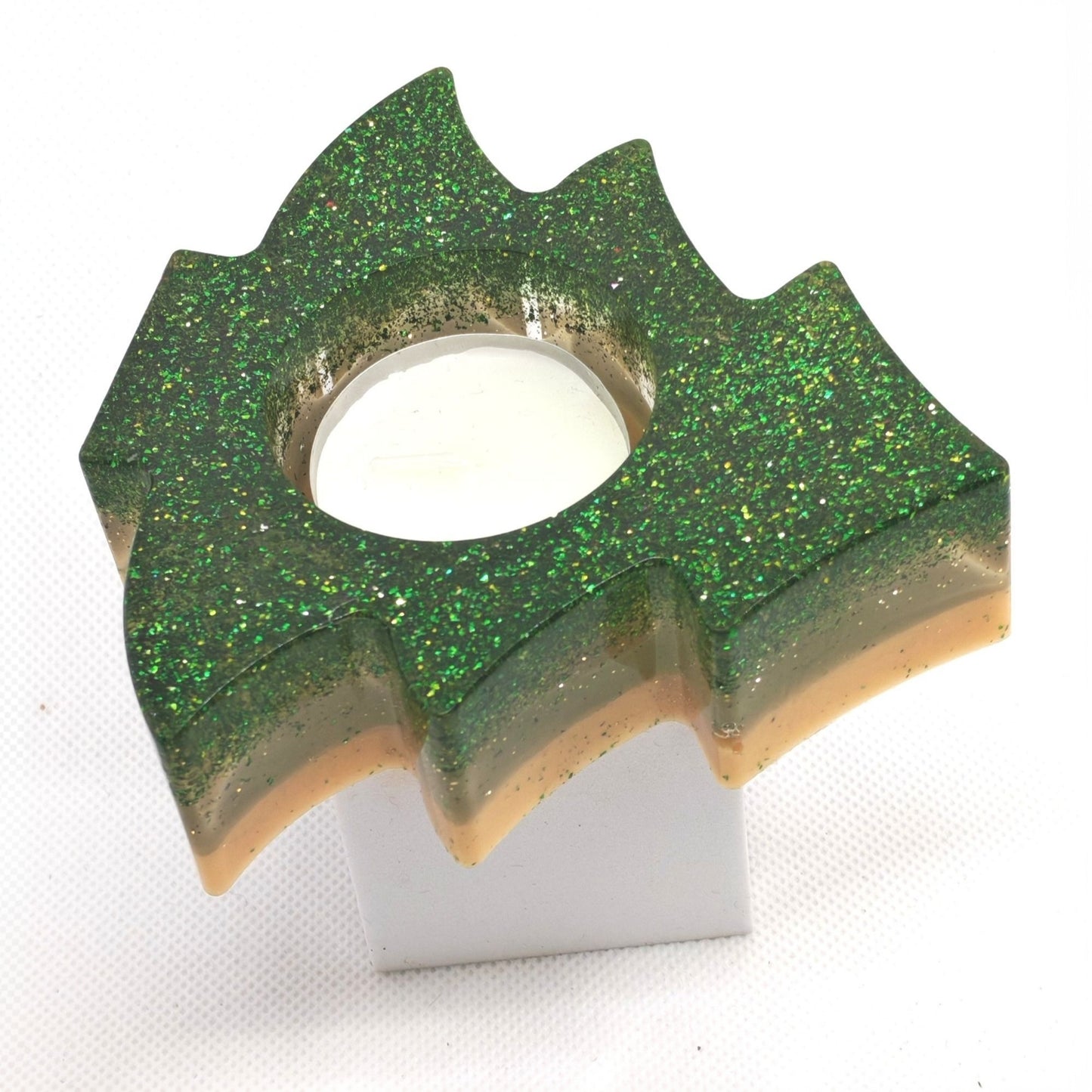 Christmas Tree Tealight Holder Green Glitter and Gold