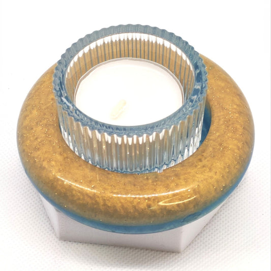 Round Tea Light Holder in Ocean Blue and Gold