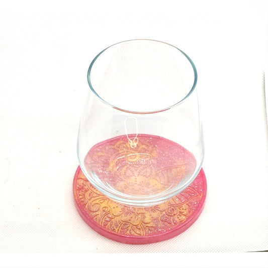 Round Floral Coaster Pink and Gold